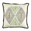 A luxury cushion by Eva Sonaike with a sage green African-inspired pattern and fringing 