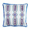 A luxury cushion by Eva Sonaike with a blue African-inspired pattern and fringing