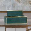 A luxury set of gorgeous emerald green boxes with a shagreen texture and gold leaf trim