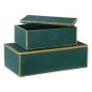 A luxury set of gorgeous emerald green boxes with a shagreen texture and gold leaf trim