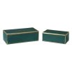 A luxury set of gorgeous emerald green boxes with a shagreen texture and gold leaf trim