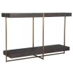 Modern grey console table with sleek stainless steel frame adorned in brushed brass