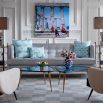 Light blue and cream checkerboard design rug