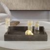 Shagreen textured grey tray with clear acrylic handles and brass accents
