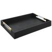 Sleek black shagreen textured tray with clear acrylic handles and brass accents