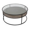 Round coffee table with rattan style shelf and glass top