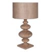 Sculptural wooden side lamp with jute lampshade