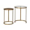 A tropical, modern set of two rattan and glass side tables