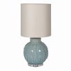 Side lamp with blue shiny ceramic base and cream linen shade