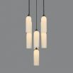 A luxury chandelier by Schwung with 9 frosted, opal glass shades and an industrial black gunmetal finish 