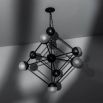 An industrial style chandelier by Schwung with a geometric design, seven transparent glass shades and a black gunmetal 