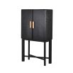 A luxurious wine cabinet created from black oak, brass details and luxurious royal blue velvet details