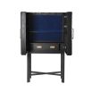 A luxurious wine cabinet created from black oak, brass details and luxurious royal blue velvet details