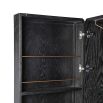 A luxurious wine cabinet created from black oak, brass details and luxurious royal blue velvet details