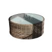 A stylish coffee table from Willow's Outdoor collection featuring a sophisticated glass top and woven base