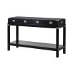 An industrial style console table with four drawers, nickel handles and a beautiful black finish 