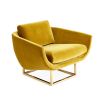 A luxurious golden-yellow velvet-upholstered lounge chair with a brushed brass base