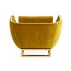 A luxurious golden-yellow velvet-upholstered lounge chair with a brushed brass base