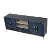 blue leather entertainment unit with brass details