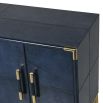 blue leather entertainment unit with brass details