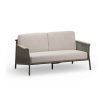 Stylish outdoor loveseat with grey/taupe cushions and black weave frame