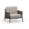Stylish outdoor armchair with modern silhouette and customisable upholstery