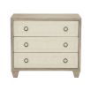 A stylish natural wood bedside table with performance fabric and tarnished nickel handles 