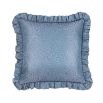 An elegant blue silk cushion with a coral jacquard pattern and frills