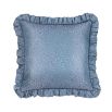 An elegant blue silk cushion with a coral jacquard pattern and frills