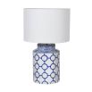 A Grecian-inspired table lamp with a white linen shade