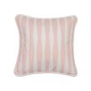 A beautiful blush coloured children's cushion with a striped pattern and white piping