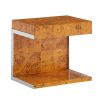 wooden c-shaped side table with polished stainless steel accents 