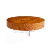 A stylish round cocktail table by Jonathan Adler with a natural burled wood floating surface supported by an X-shaped acrylic base