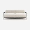 Modern, white outdoor sofa with brown frame armrests