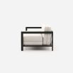 Modern, white outdoor sofa with brown frame armrests