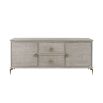 A decadent, taupe, mango wood sideboard with round handles.