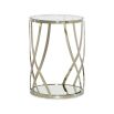 Glamorous side table with curved metal base and sleek glass top 