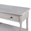 A grey console table with an elegant white wash finish and two drawers 