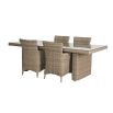 A luxury rattan outdoor dining chair with a linen upholstered seat cushion