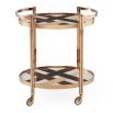 The Chambeige Bar Cart features back-painted glass shelves in a captivating Chambeige hue, framed by polished brass for a glamorous touch.