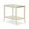 Gorgeously understated side table with glass surface and patterned lower shelf