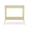 Gorgeously understated side table with glass surface and patterned lower shelf