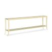 Glamorous console table with sleek glass surface and shelf and metal patterning 