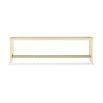 Glamorous console table with sleek glass surface and shelf and metal patterning 