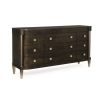 Richly elegant deep brown dresser with bronze accents and square handles