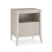 Elegant bedside table in matte pearl finish with tray pull out, shelf and drawer
