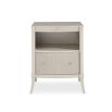 Elegant bedside table in matte pearl finish with tray pull out, shelf and drawer