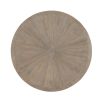 Striking round dining table with rustic bronze base and sunburst woodgrain surface