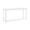 A contemporary console table crafted from clear acrylic with gold capped feet