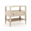 Striking and glamorous bedside table with curved surface, shelving and drawer for storage